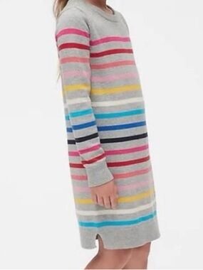 GAP Kids Girls Striped Sweater Dress, Gray Rainbow Stripe, Size M 8-9 Colorful